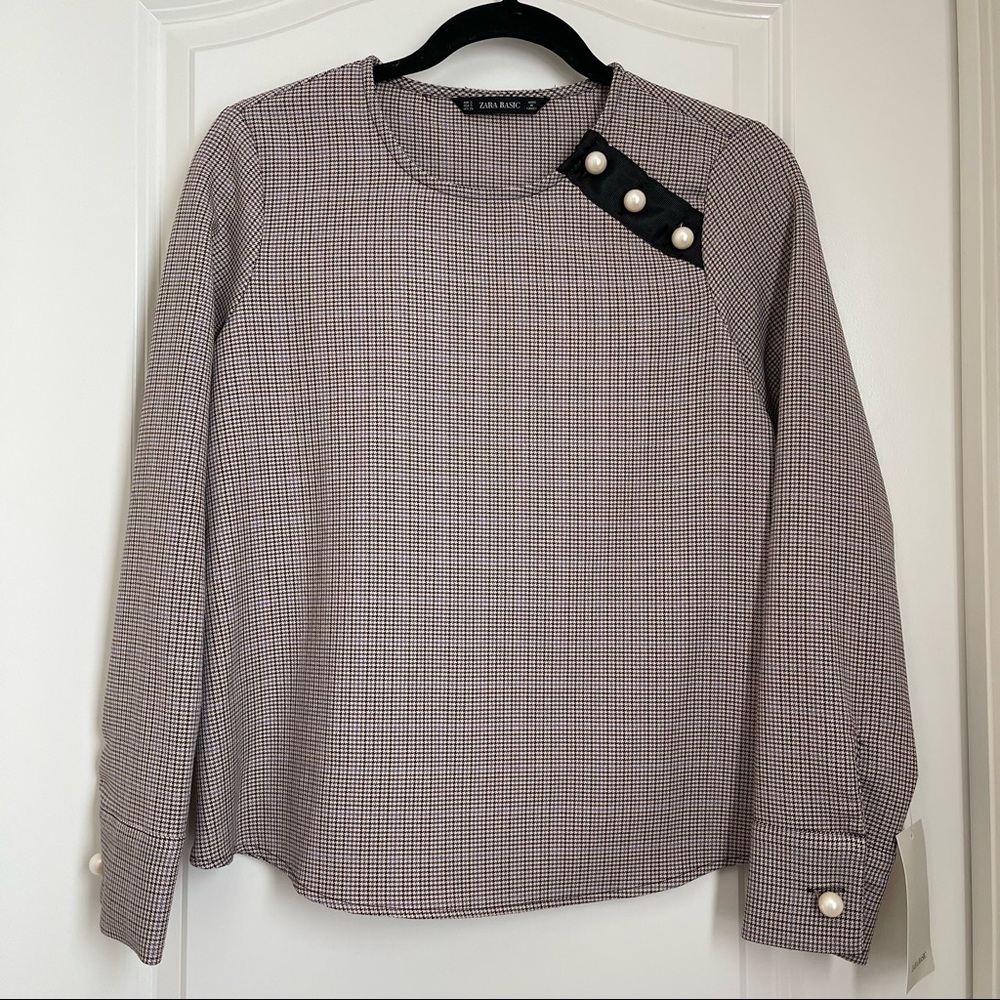 ZARA Brown Plaid blouse with Pearl buttons